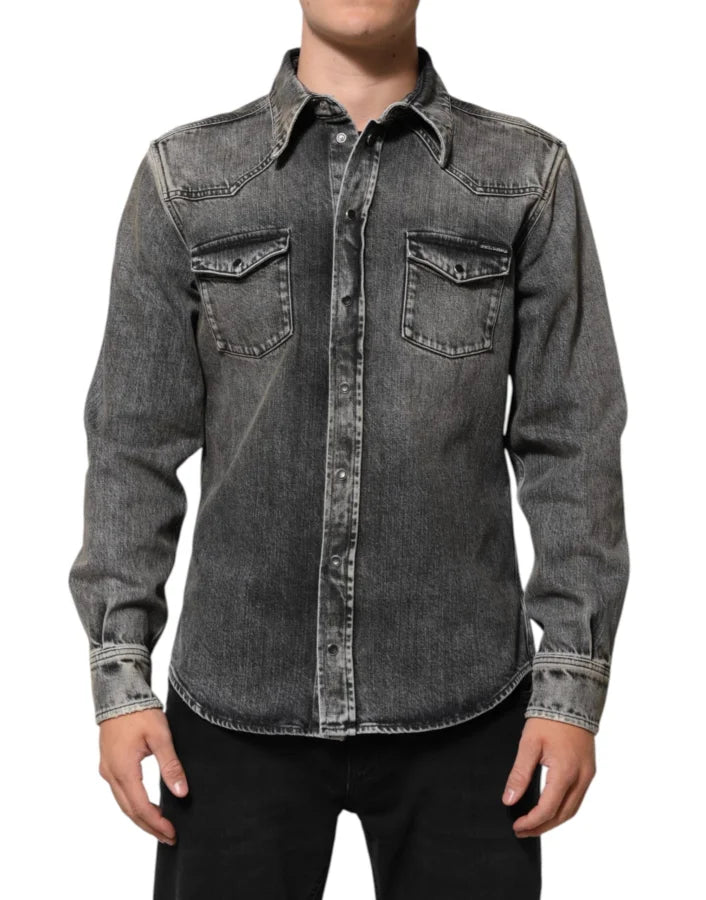 Dolce &amp; Gabbana Black Washed Cotton Snap Long Sleeve Casual Shirt
