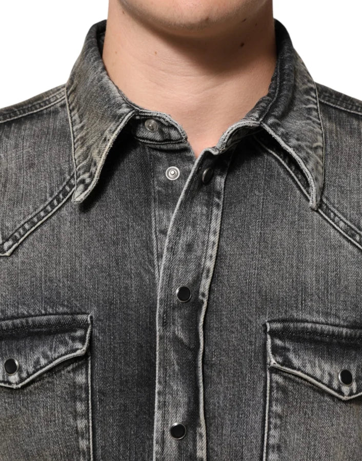 Dolce &amp; Gabbana Black Washed Cotton Snap Long Sleeve Casual Shirt