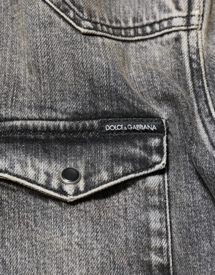 Dolce &amp; Gabbana Black Washed Cotton Snap Long Sleeve Casual Shirt