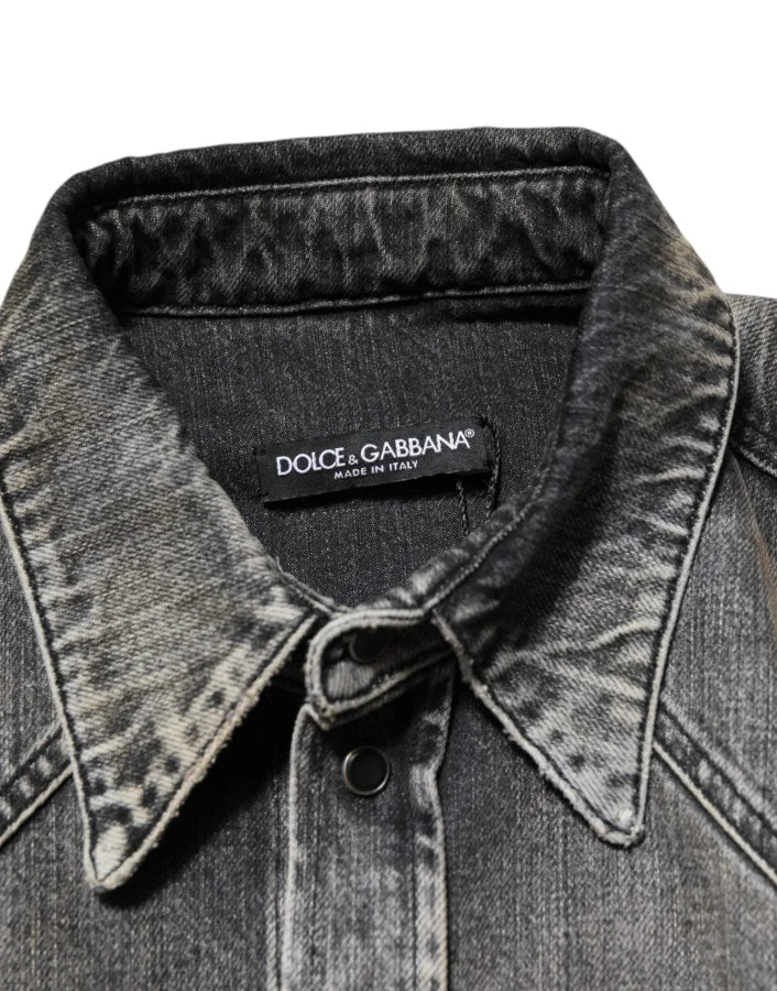 Dolce &amp; Gabbana Black Washed Cotton Snap Long Sleeve Casual Shirt