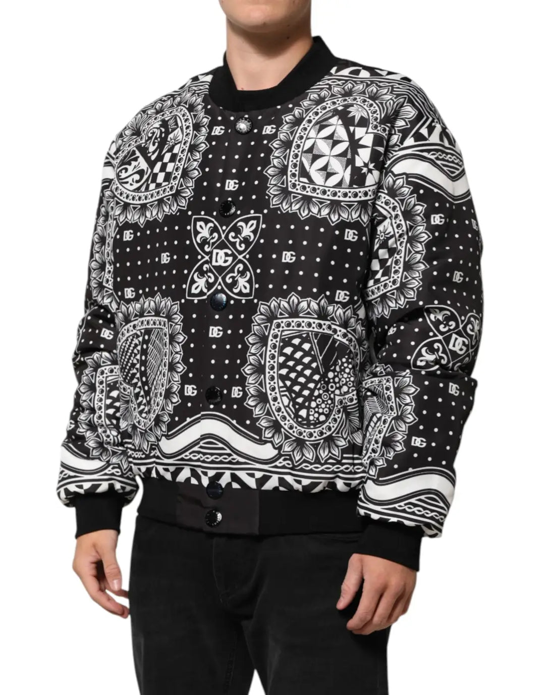 Dolce &amp; Gabbana Black White BandanaPrint Men Bomber Jacket