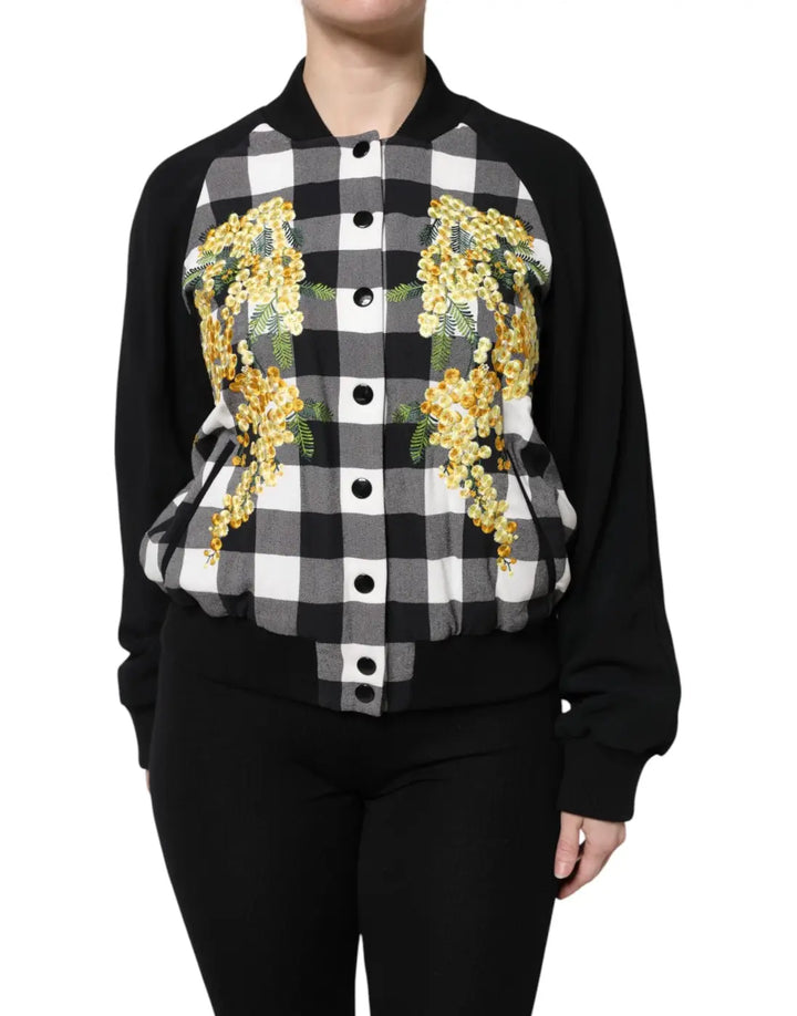 Dolce &amp; Gabbana Black White Check Floral Button Down Jacket
