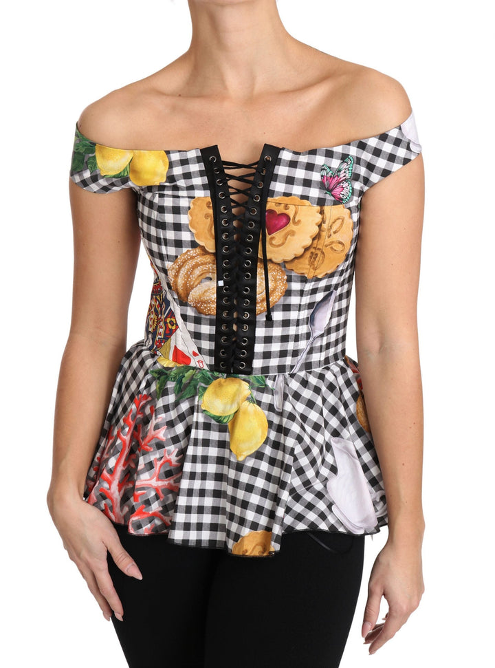 Dolce &amp; Gabbana - Black and White Corset Blouse Sicily Lemon Check Top