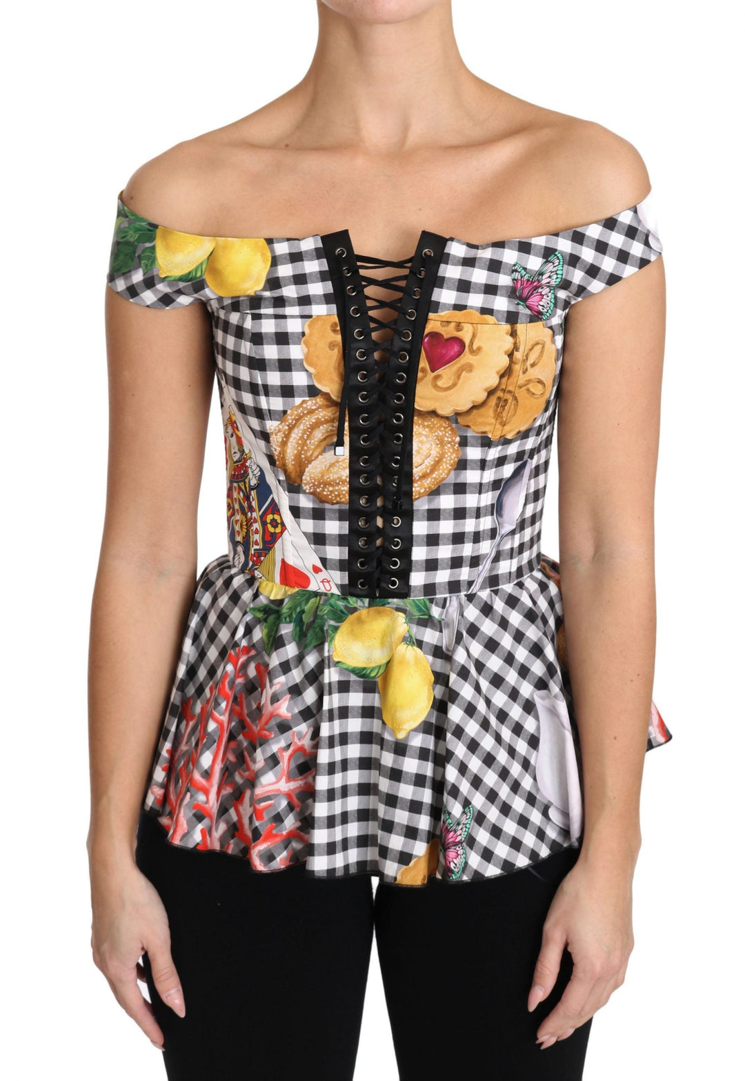 Dolce &amp; Gabbana - Black and White Corset Blouse Sicily Lemon Check Top
