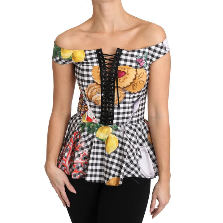 Dolce & Gabbana Black and White Corset Blouse Sicily Lemon Check Top