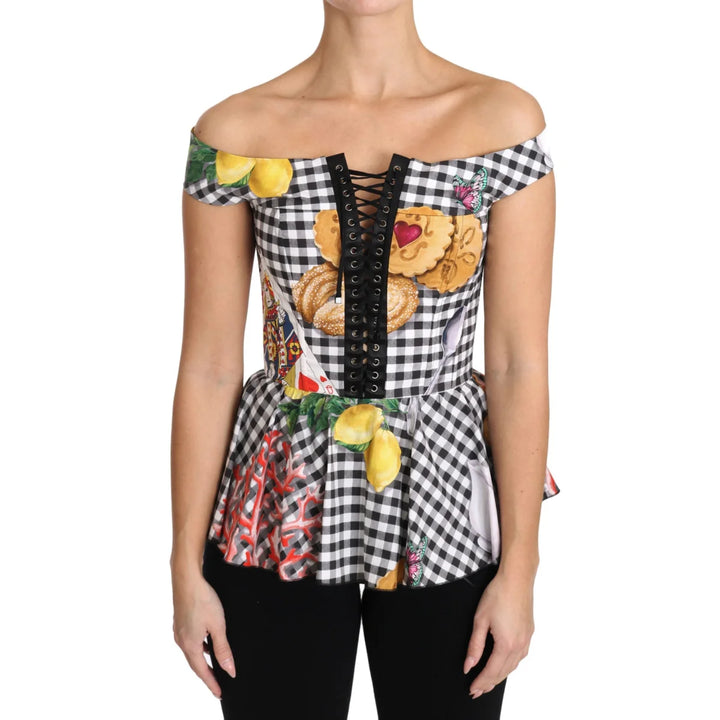 Dolce & Gabbana Black and White Corset Blouse Sicily Lemon Check Top