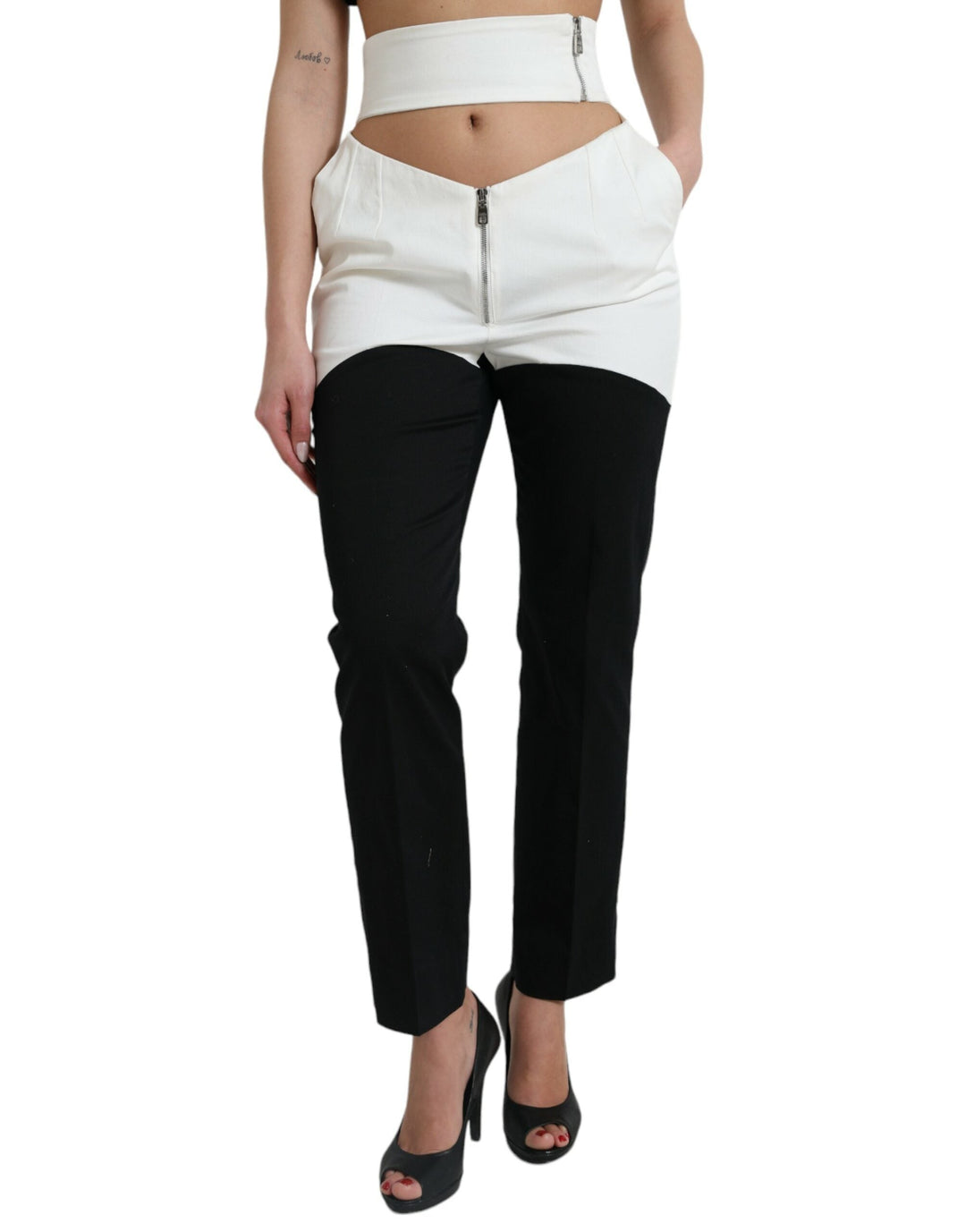 Dolce &amp; Gabbana Black White Cotton Cut out Waist Tapered Pants
