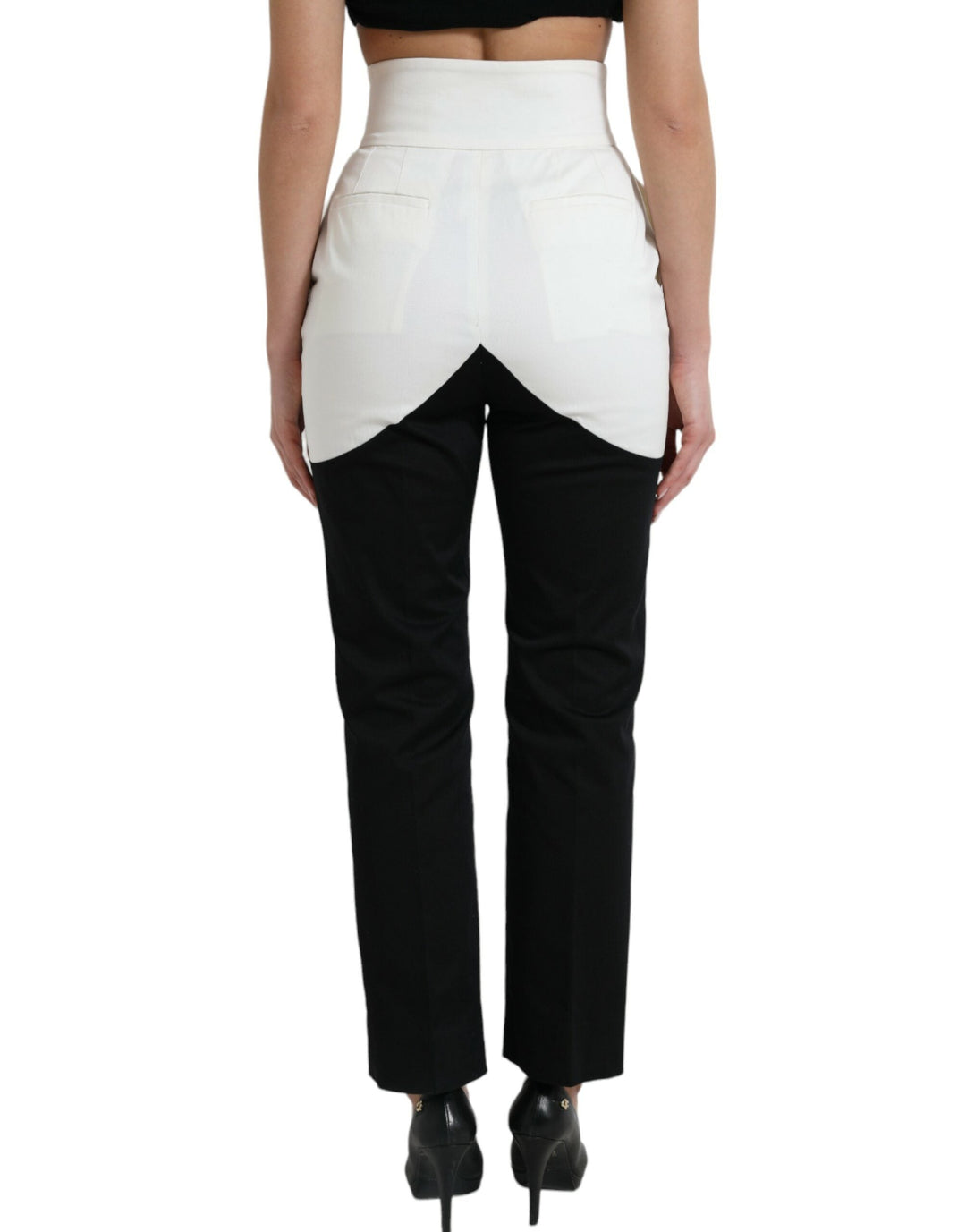 Dolce &amp; Gabbana Black White Cotton Cut out Waist Tapered Pants