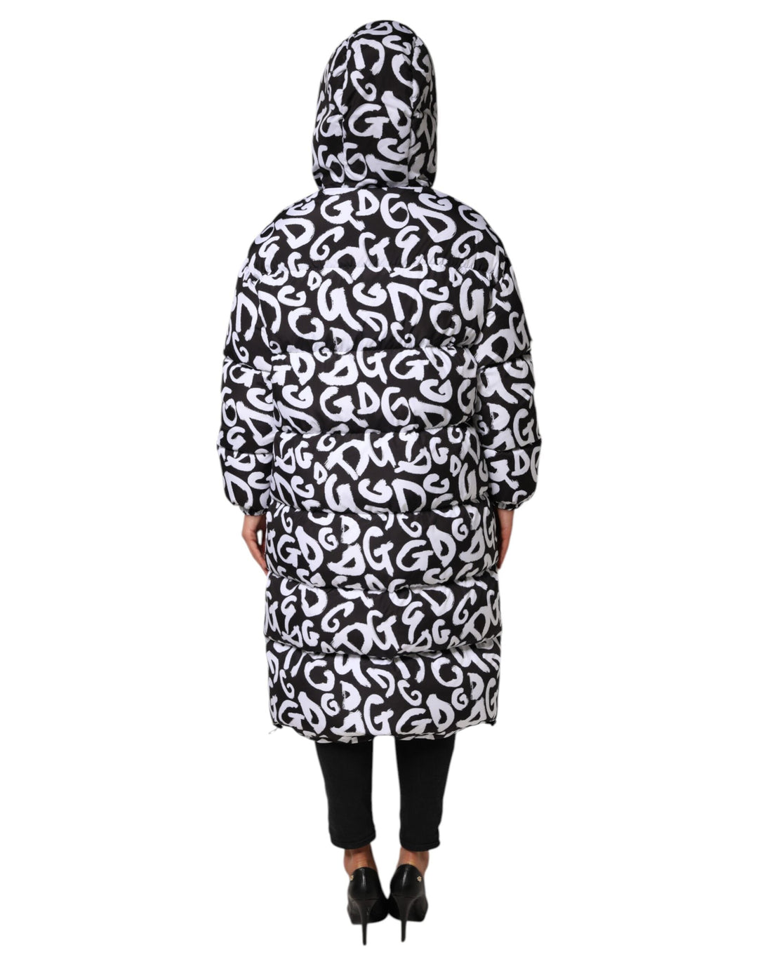 Dolce &amp; Gabbana Puffer Jackets - Black White DG Mania Hooded Long Coat Jacket