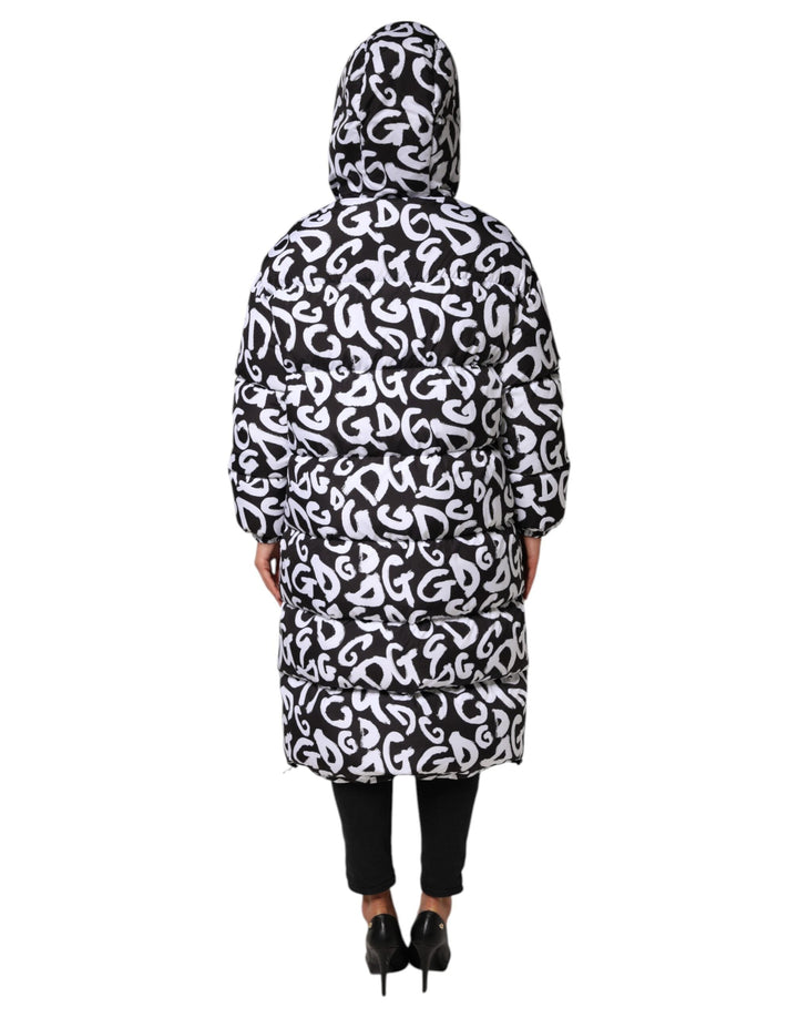 Dolce &amp; Gabbana Puffer Jackets - Black White DG Mania Hooded Long Coat Jacket
