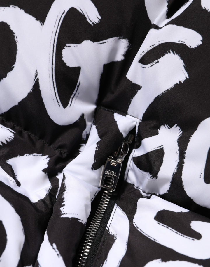 Dolce &amp; Gabbana Puffer Jackets - Black White DG Mania Hooded Long Coat Jacket