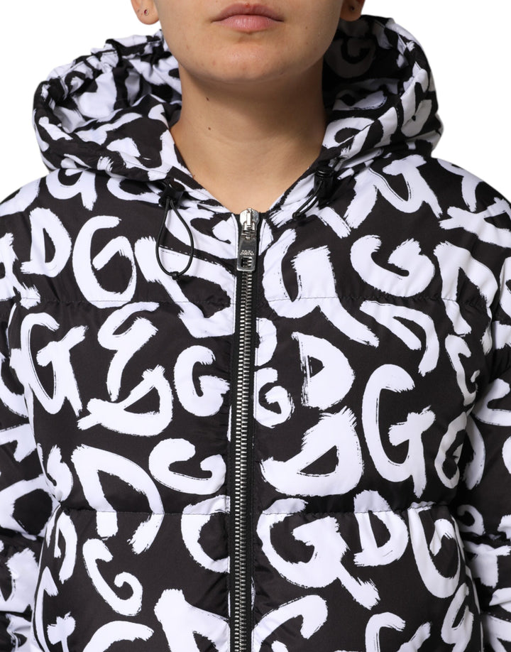 Dolce &amp; Gabbana Puffer Jackets - Black White DG Mania Hooded Long Coat Jacket