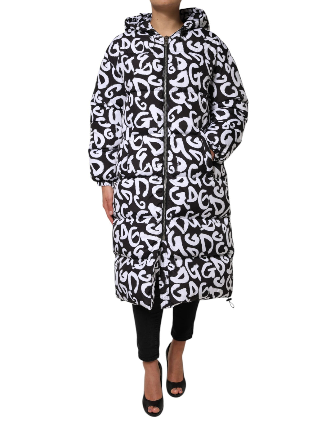 Dolce &amp; Gabbana Puffer Jackets - Black White DG Mania Hooded Long Coat Jacket