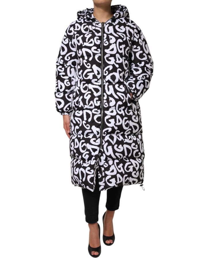Dolce &amp; Gabbana Puffer Jackets - Black White DG Mania Hooded Long Coat Jacket