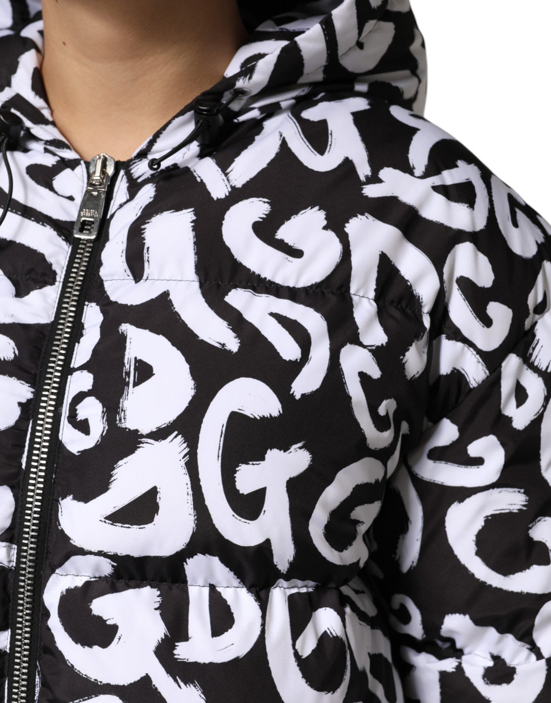Dolce &amp; Gabbana Puffer Jackets - Black White DG Mania Hooded Long Coat Jacket