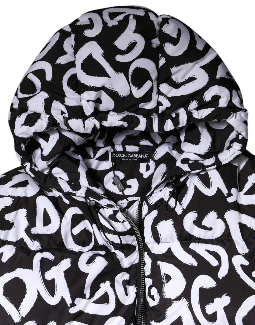 Dolce &amp; Gabbana Puffer Jackets - Black White DG Mania Hooded Long Coat Jacket