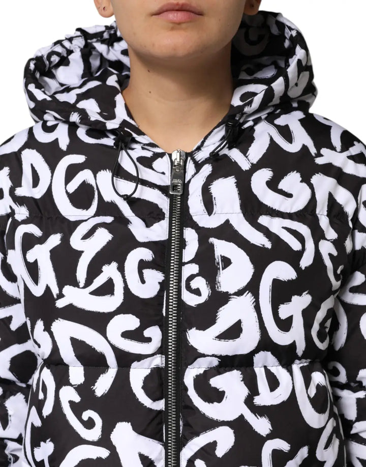 Dolce &amp; Gabbana Black White DG Mania Hooded Long Coat Jacket