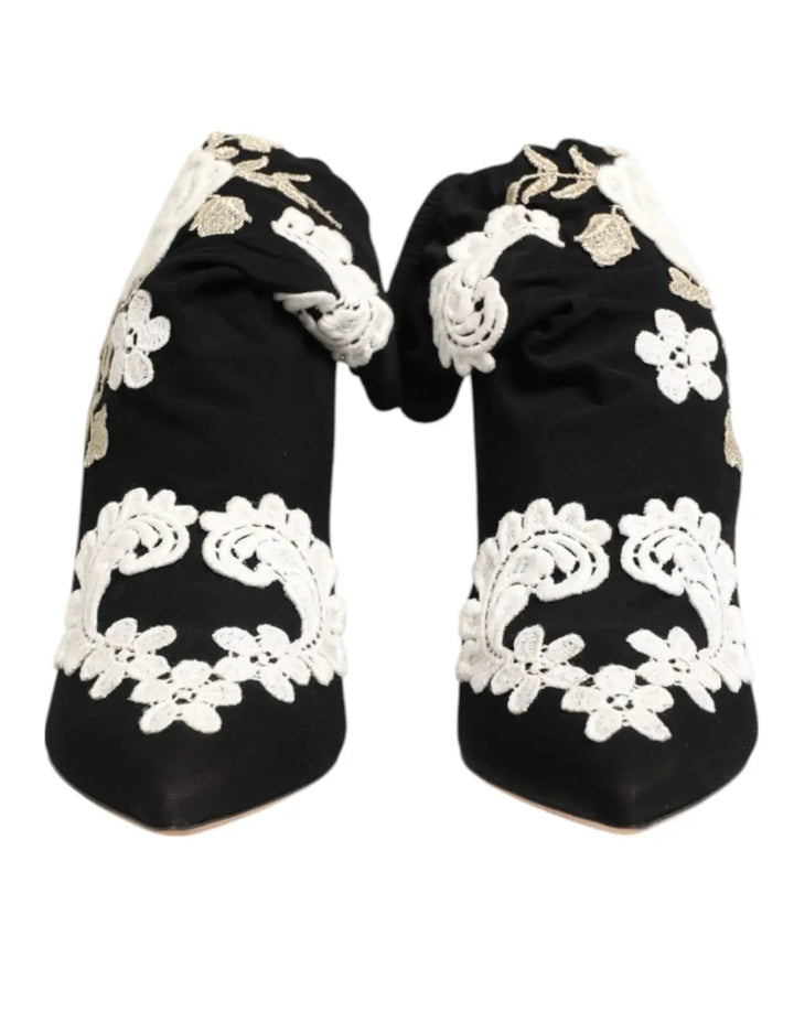 Dolce &amp; Gabbana Black White Embroidered Jersey Stiletto Boots Shoes