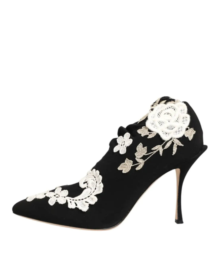 Dolce &amp; Gabbana Black White Embroidered Jersey Stiletto Boots Shoes