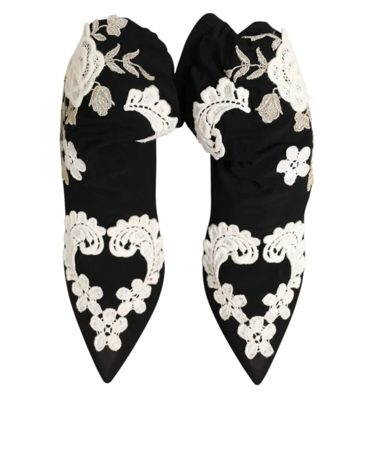 Dolce &amp; Gabbana Black White Embroidered Jersey Stiletto Boots Shoes