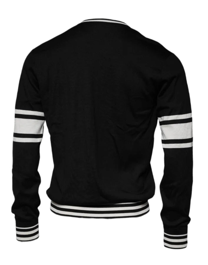Dolce &amp; Gabbana Black White Guitar Silk Crew Neck Sweater