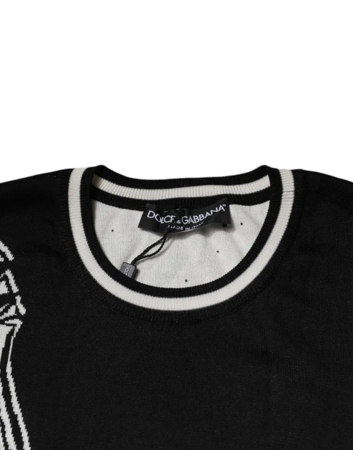 Dolce &amp; Gabbana Black White Guitar Silk Crew Neck Sweater