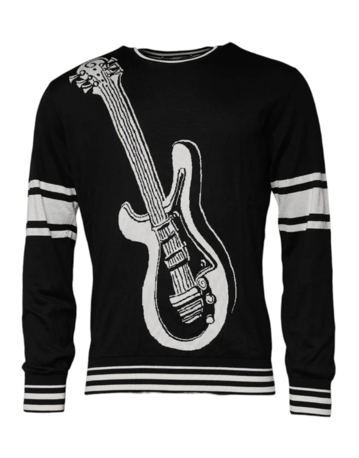 Dolce &amp; Gabbana Black White Guitar Silk Crew Neck Sweater