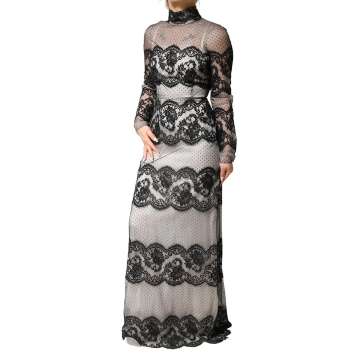 Dolce &amp; Gabbana Black White Lace Silk Blend MaxiSheath Dress