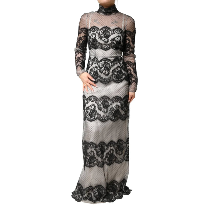 Dolce &amp; Gabbana Black White Lace Silk Blend MaxiSheath Dress