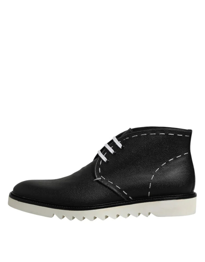 Dolce &amp; Gabbana Black White Leather Ankle Boots Shoes