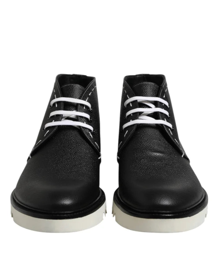 Dolce &amp; Gabbana Black White Leather Ankle Boots Shoes