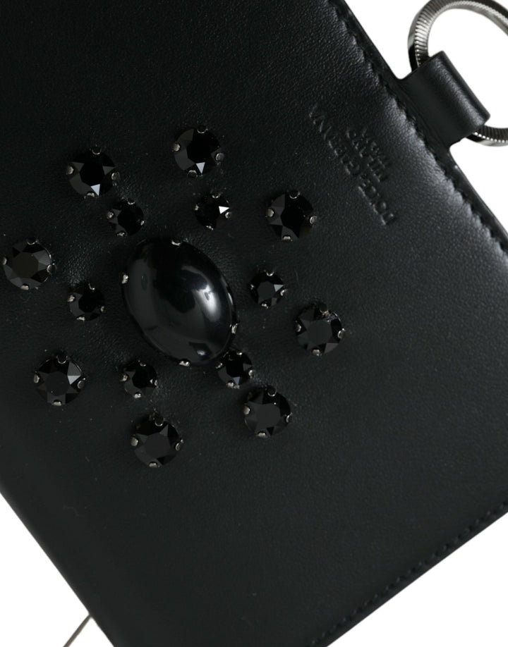 Dolce &amp; Gabbana Black White Leather Crystal Embellished Cardholder Wallet