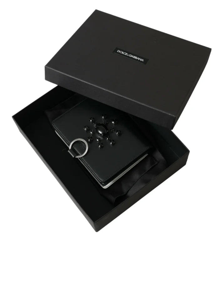 Dolce &amp; Gabbana Black White Leather Crystal Embellished Cardholder Wallet