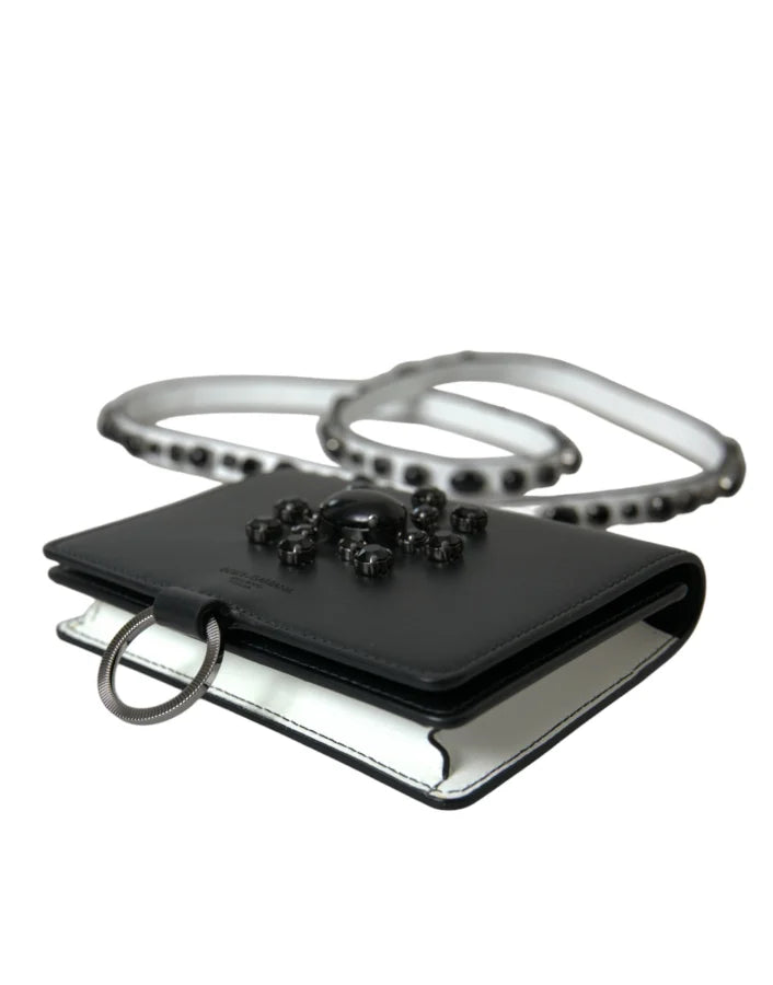 Dolce &amp; Gabbana Black White Leather Crystal Embellished Cardholder Wallet