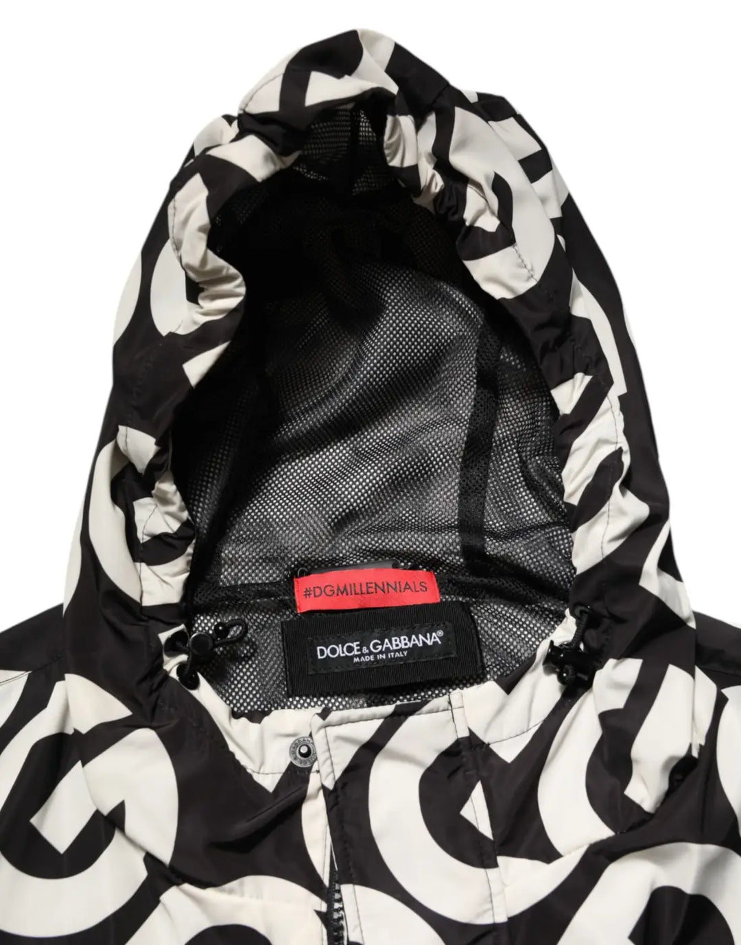Dolce &amp; Gabbana Black White Logo Print Hooded Coat Men Jacket