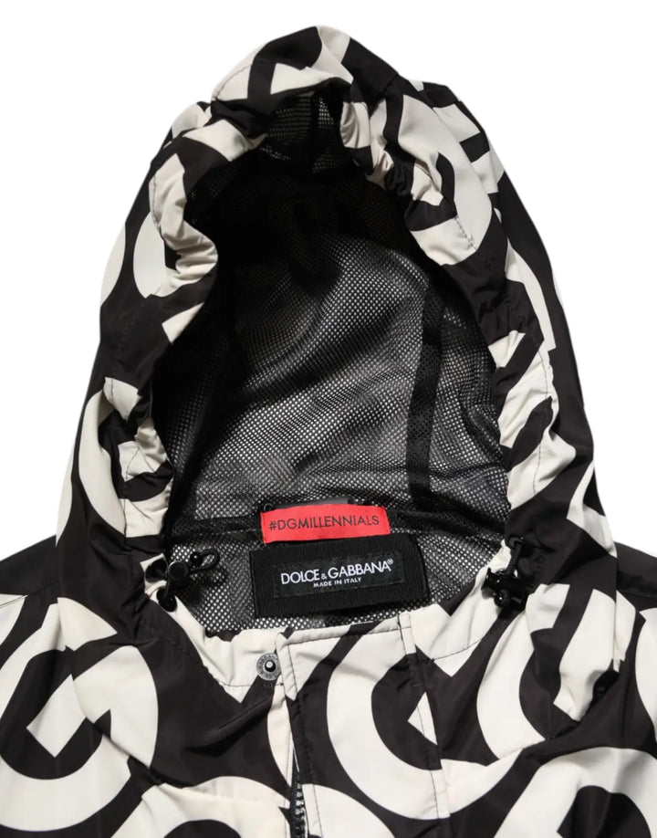 Dolce &amp; Gabbana Black White Logo Print Hooded Coat Men Jacket