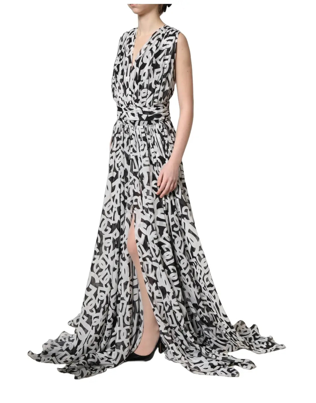 Dolce &amp; Gabbana Black White Logo Sleeveless Floor Length Maxi Dress