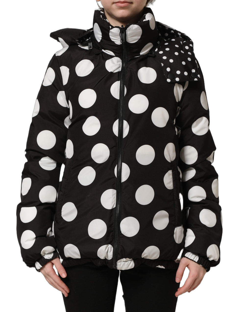 Dolce & Gabbana Puffer Jackets - Black White Polka Dot Hooded Blouson Jacket