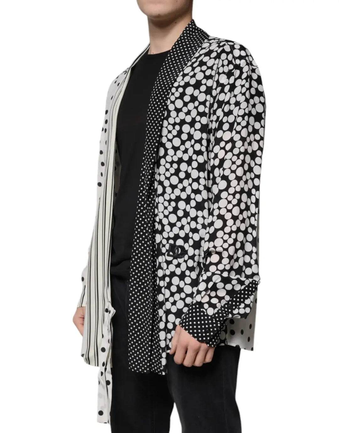 Dolce &amp; Gabbana Black White Polka Dots Silk Men Casual Shirt