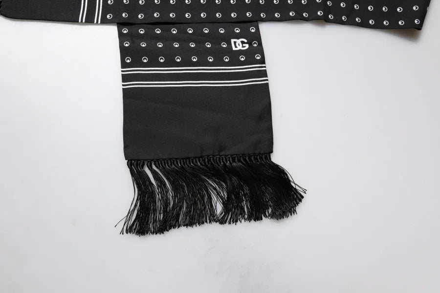Dolce &amp; Gabbana Black White Polka Dotted Silk Skinny Fringes Scarf