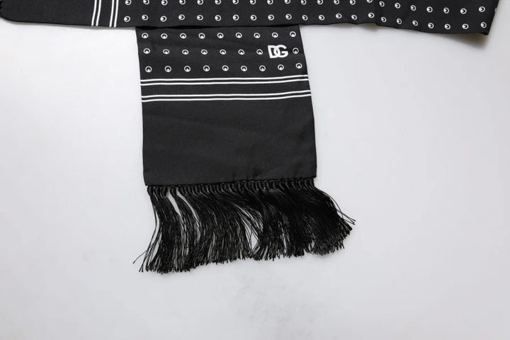 Dolce &amp; Gabbana Black White Polka Dotted Silk Skinny Fringes Scarf