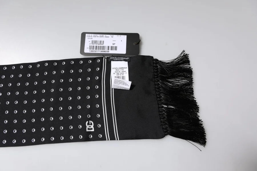 Dolce &amp; Gabbana Black White Polka Dotted Silk Skinny Fringes Scarf