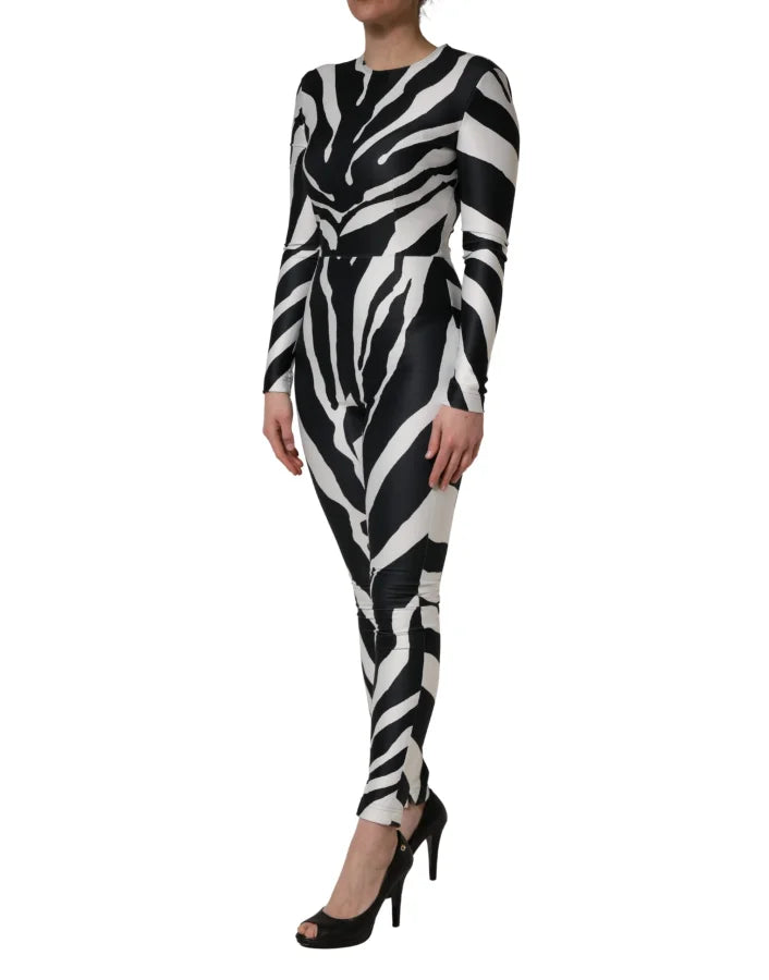 Dolce &amp; Gabbana Black White Polyester Zebra Pattern Jumpsuit