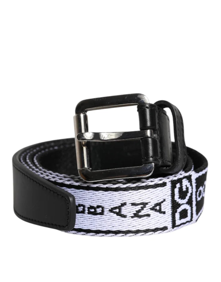 Dolce &amp; Gabbana Black White Printed Metal Logo Buckle Belt