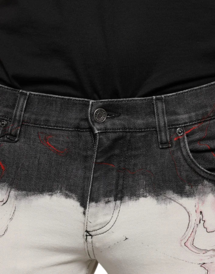 Dolce &amp; Gabbana Black White Printed Skinny Men Denim Jeans