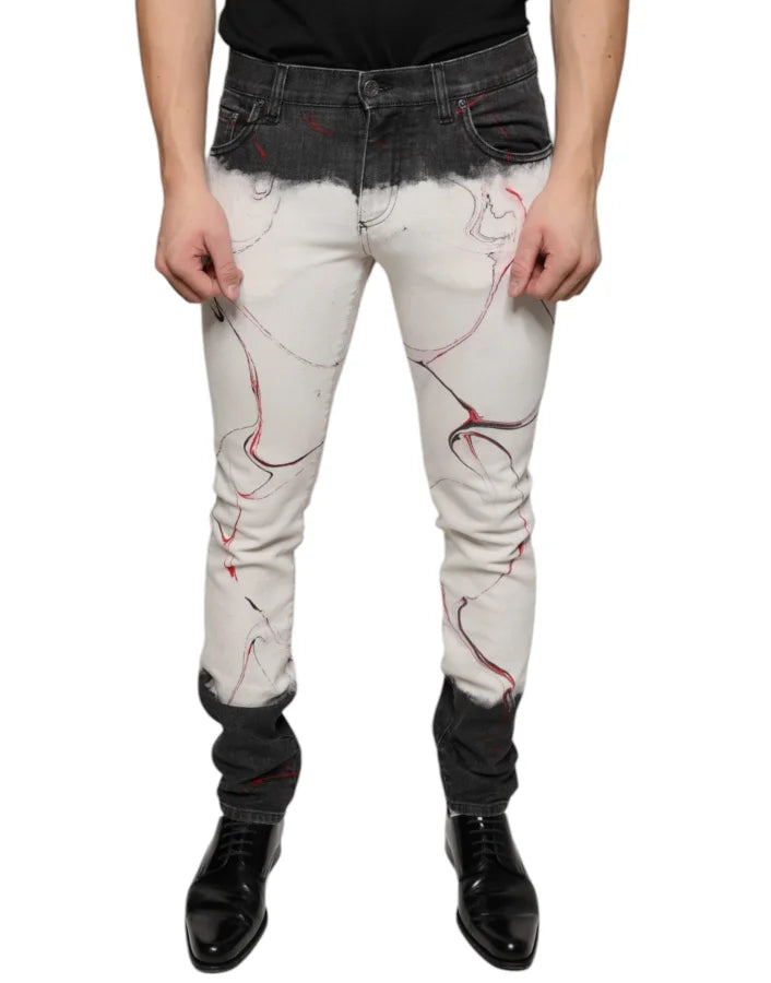 Dolce &amp; Gabbana Black White Printed Skinny Men Denim Jeans