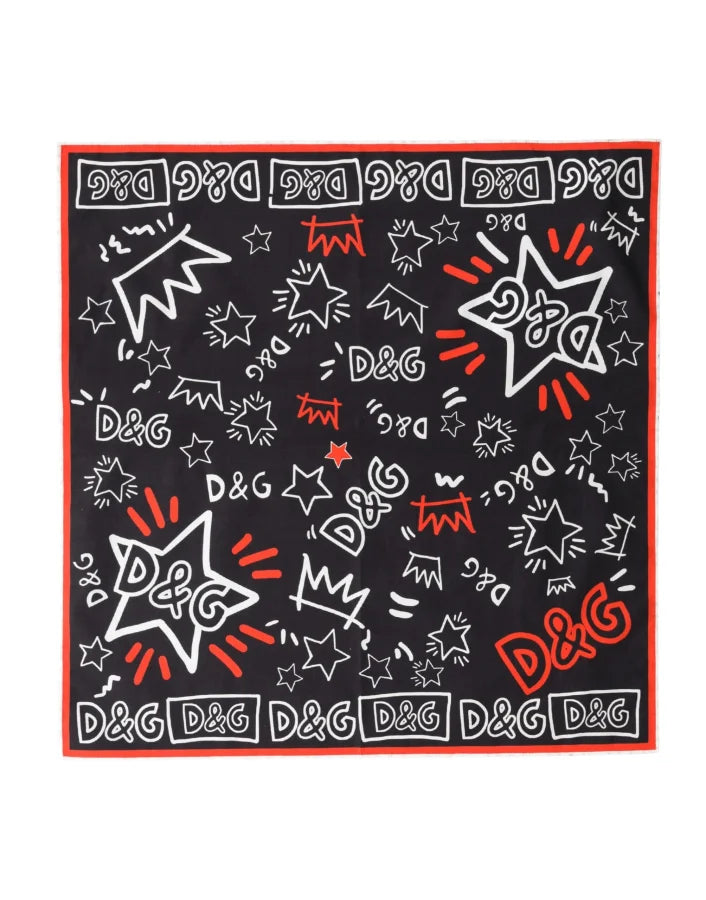 Dolce &amp; Gabbana Black White Red DG Crown Cotton Foulard 47cm x 46cm Scarf