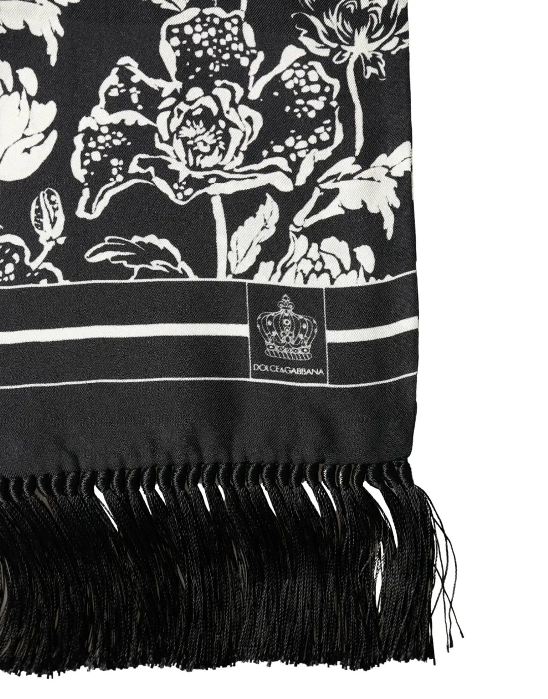 Dolce &amp; Gabbana Black White Silk Floral Print Fringe 136cm X 15.5cm Scarf