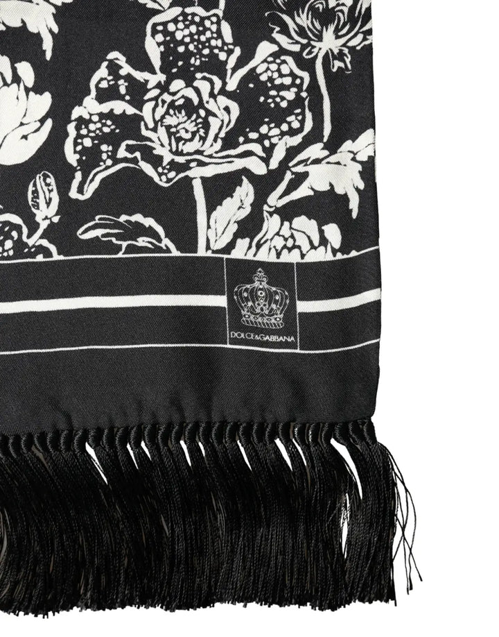 Dolce &amp; Gabbana Black White Silk Floral Print Fringe 136cm X 15.5cm Scarf