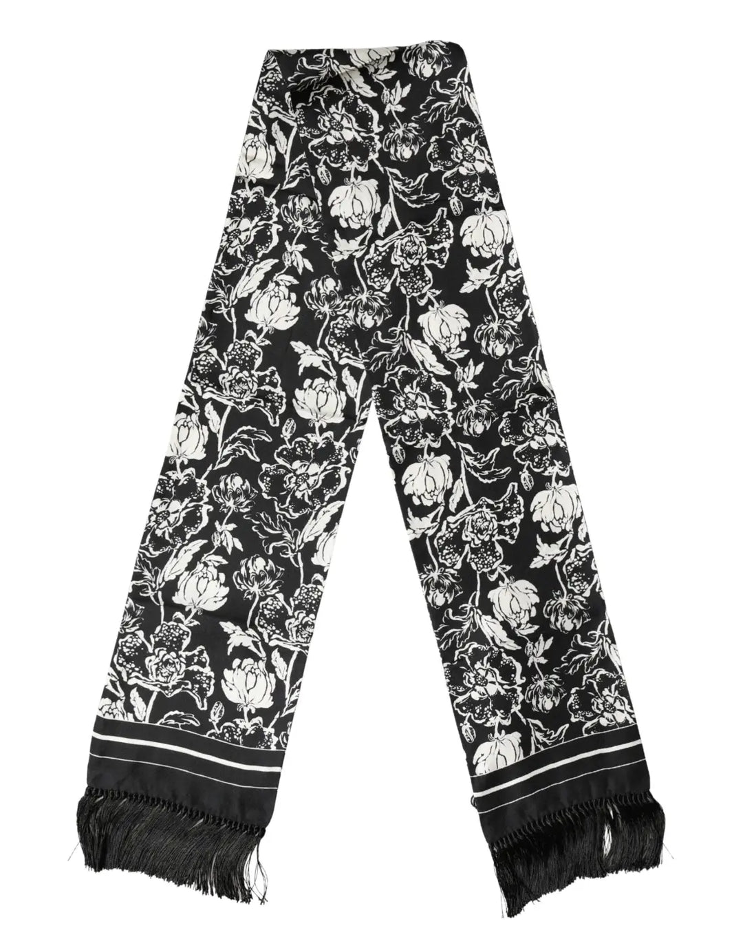 Dolce &amp; Gabbana Black White Silk Floral Print Fringe 136cm X 15.5cm Scarf